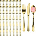 Prestee 300 ct Gold Plastic Silverware Set - Heavy Duty Disposable Cutlery - 100 Forks, 100 Spoons, 100 Knives - Elegant Gold Finish Utensils for Weddings, Parties, Holidays