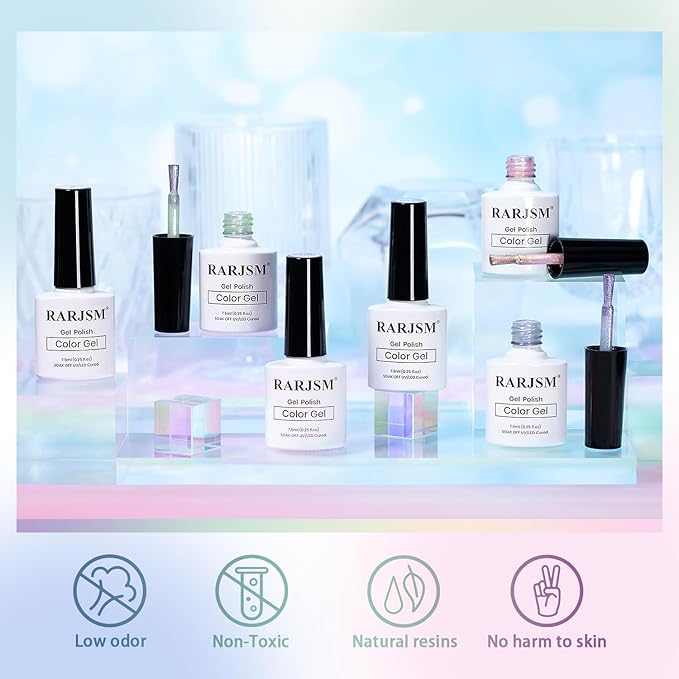 RARJSM Sparkle Diamond Pearl Cat Eye Gel Nail Polish Set 6pcs Velvet Silver Shimmer Pink Green Blue Purple White Glitter Mermaid Swirl Shell Thread Effect with Magnet Stick UV LED Curing Requires-BrightBean Baby