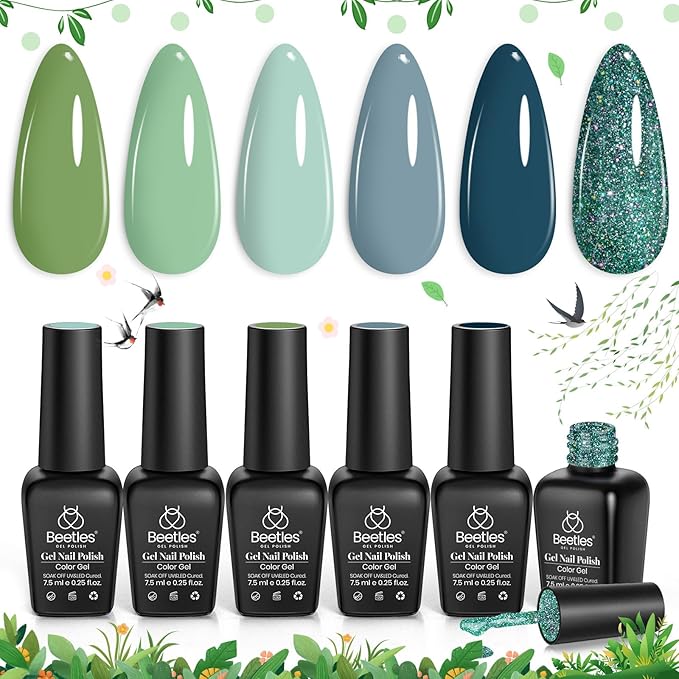Beetles Green Gel Nail Polish Set - 6 Colors Green Gray Blue Glitter Nail Gel Polish Soak off Uv Gel Nail Art Manicure Gifts for Women-BrightBean Baby