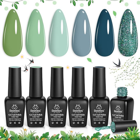 Beetles Green Gel Nail Polish Set - 6 Colors Green Gray Blue Glitter Nail Gel Polish Soak off Uv Gel Nail Art Manicure Gifts for Women-BrightBean Baby