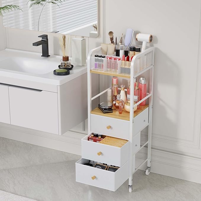 HapiRm Rolling Makeup Cart Organizer - Floor Skincare Make Up Storage with 3 Drawers, Vanity Organizer Cosmetic Display Cases Holder for Skin Care Perfume Nail Polish Brush Hair Tool-BrightBean Baby