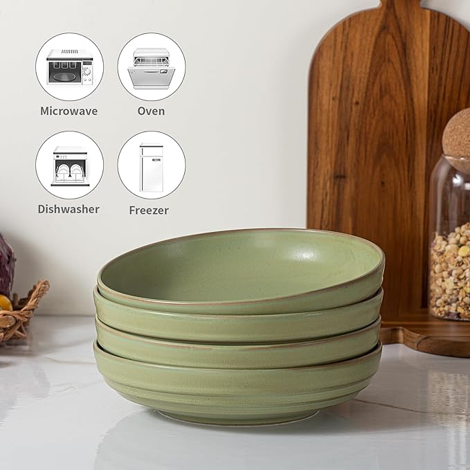 HAPPY KIT 9'' Large Pasta Bowls, 42 Oz Salad Bowl Set of 4, Stoneware Reactive Glaze Serving Bowls for Dessert, Soup, Fruit, Noodle, Scratch Resistant, Meadow Green