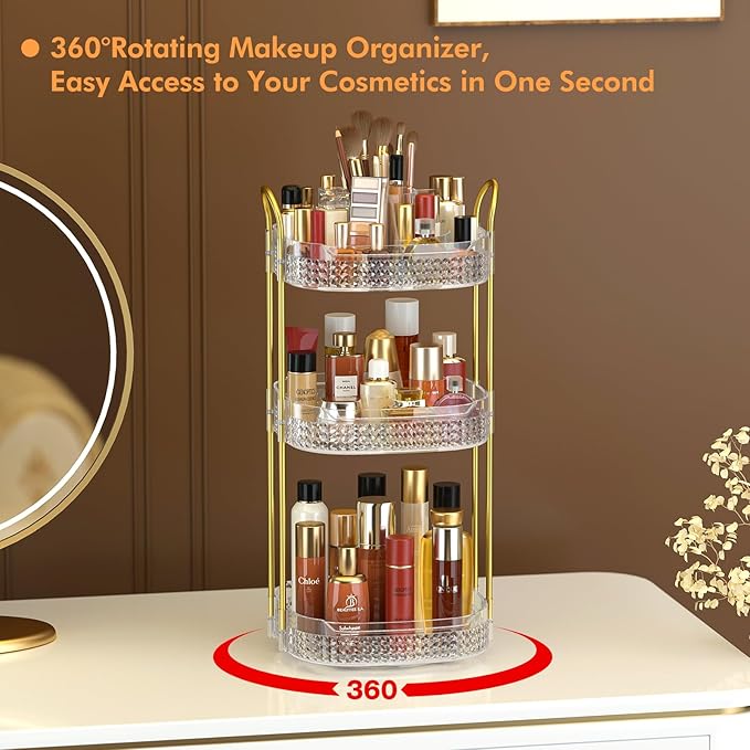 Awenia Rotating Makeup Organizer 360, Stackable Adjustable Large Capacity Cosmetic Storage Unit,Dresser Bathroom Kitchen Countertop Organizer with Metal Handle, Plus Size (Clear, 3 Tier)-BrightBean Baby