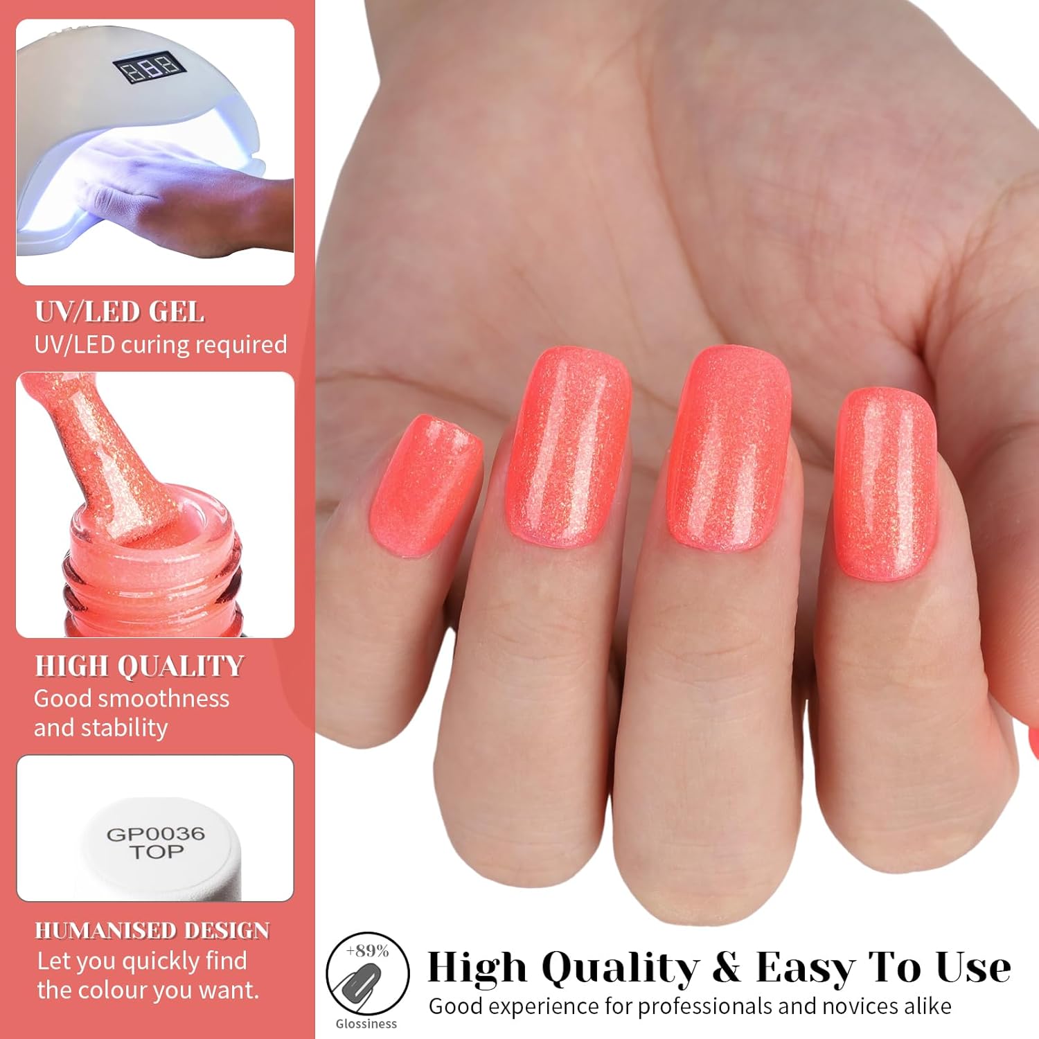 Hot Coral Pink Glitter Gel Nail Polish, 15ml UV/LED Soak Off Sparkly Shimmer Bright Coral Pink Gel Polish for Manicure Salon or DIY Nail Art at Home,Women Girls Gifts - GP0099-BrightBean Baby