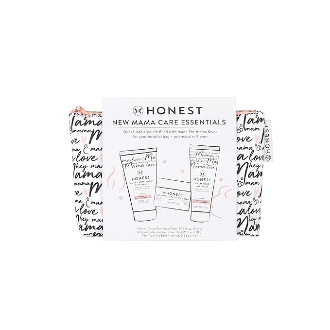 The Honest Company New Mama Care Essentials Gift Set | Hospital Bag Must Haves | Travel Size Nip Balm (0.5 oz), Glow On Body Cream (1 oz), Gotta Glow Face Wash (1.75 fl oz), Reusable Pouch-BrightBean Baby