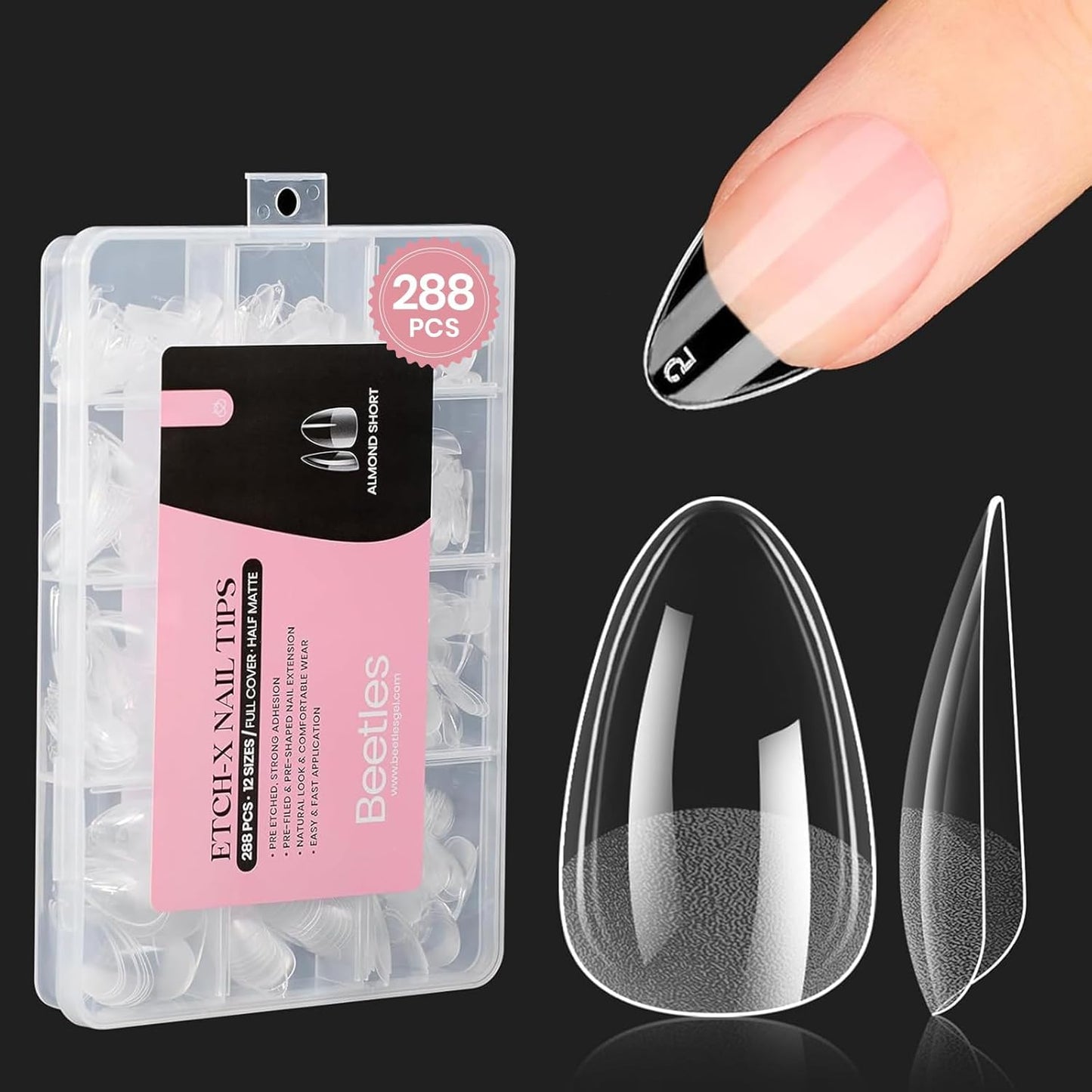 Beetles Short Almond Nail Tips: 12 Sizes 288 PCS Half Matte Full Cover Gel Tips Clear Acrylic Gel Nail Tips Almond Shape for DIY Extension-BrightBean Baby