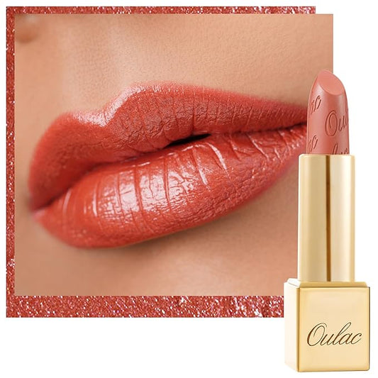 Oulac Coral Orange Lipstick for Women with Metallic 3D Shine Lightweight Hydrating Formula, High Impact Lip Color, Vegan Beauty, Full Coverage Lip Makeup, Christmas Gifts for Women, Be Happy(05)-BrightBean Baby
