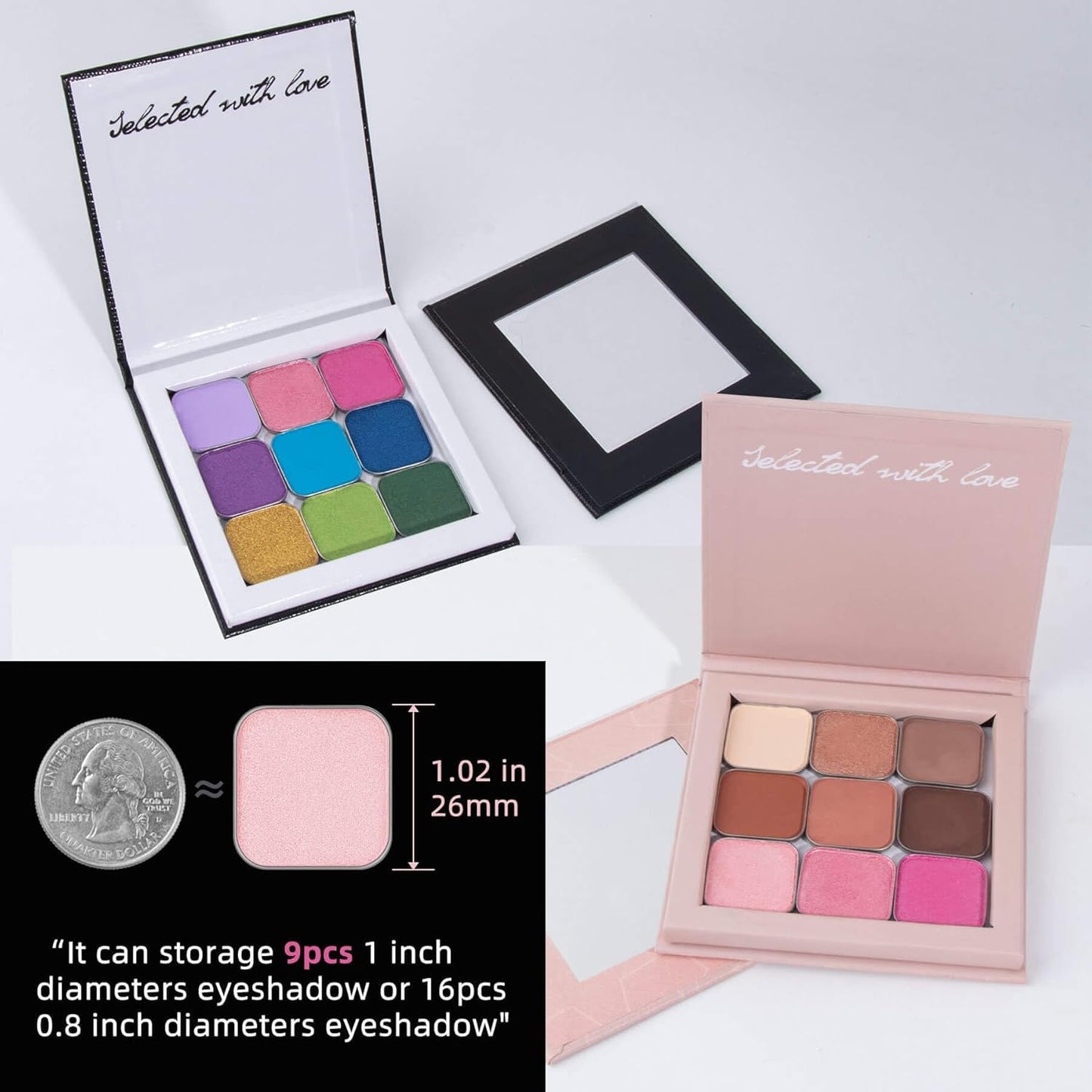 Pink&Black Magnetic Refillable Makeup Palette with Mirror – Lightweight, Durable, Travel-Ready Case for Eyeshadow, Blush, Lipstick – Includes Spatula & 20 Stickers – Small, Waterproof Paperboard-BrightBean Baby