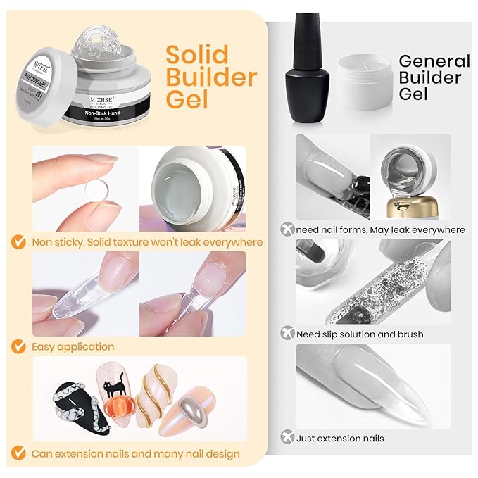 MIZHSE Solid Builder Gel - 1 oz Clear Non Stick Hand Hard Gel with 6 Colors Chrome Nail Powder and Nail Form Extension Kit for Salon and Home DIY-BrightBean Baby