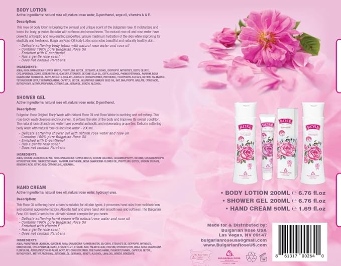Bulgarian Rose Oil Moisturizing Body Care 3 Piece Gift Set - Natural Rose Body Lotion, Natural Rose Body Wash, Natural Rose Hand Cream-BrightBean Baby