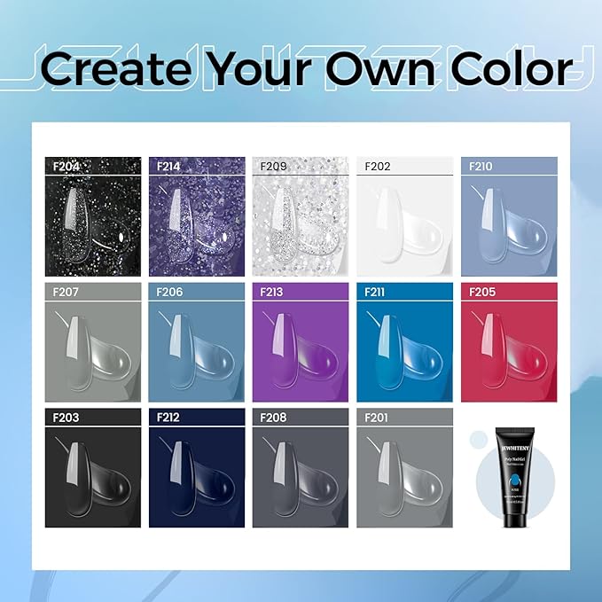 JEWHITENY Poly Nail Gel Kit 14 Colors Purple Nude Grey Black Blue Glitter Tones Starter Kit with UV Lamp Matte & Glossy Top & Base Coat All-in-One Designs DIY At Home-BrightBean Baby