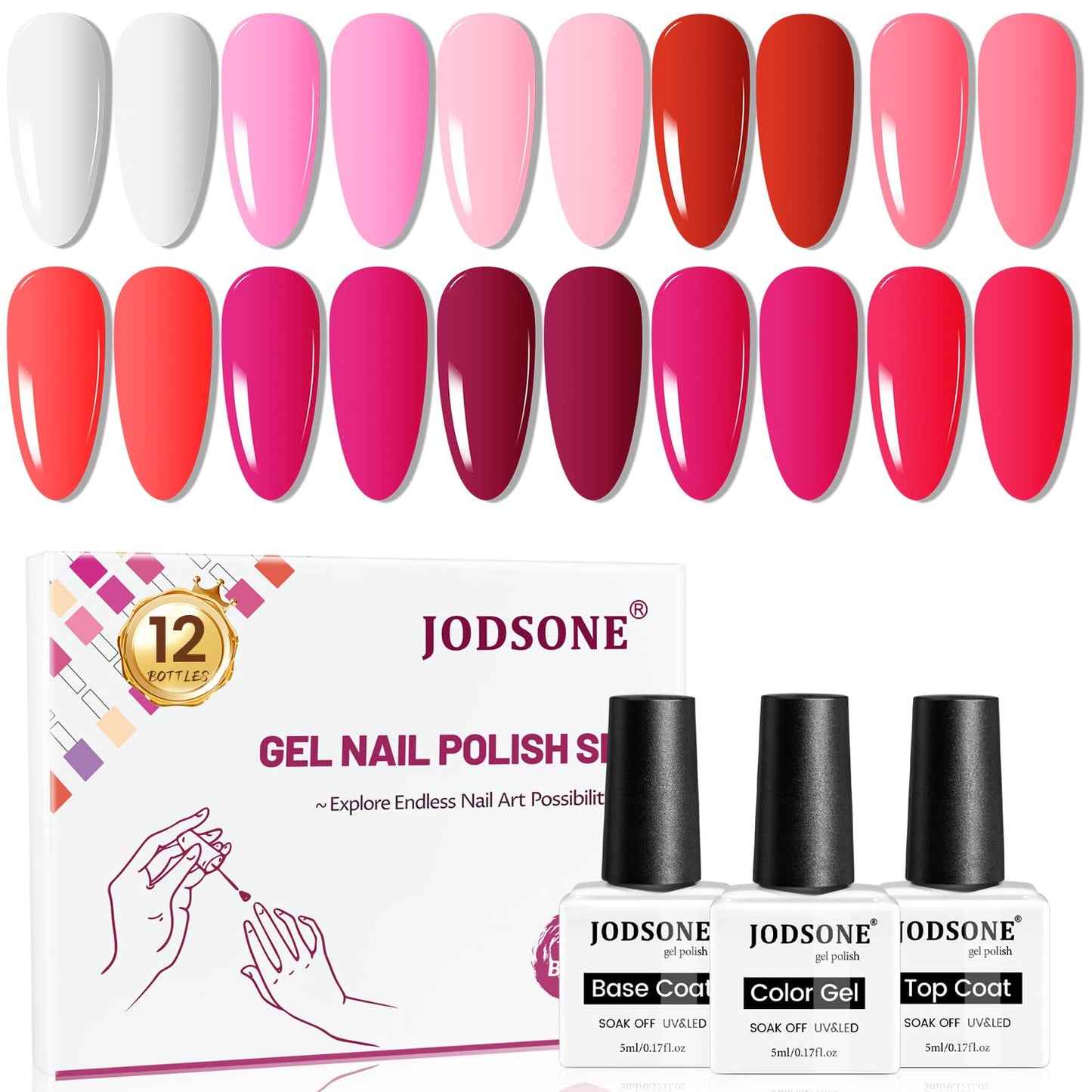 JODSONE 12 PCS Gel Nail Polish Base Coat and Top Coat Red Pink High Gloss Fashion Women Gifts-BrightBean Baby