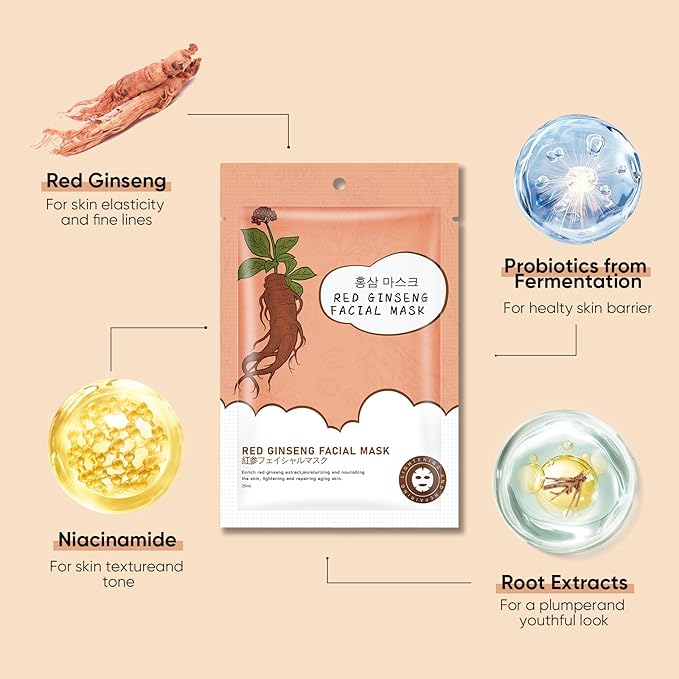 10Pack Sheet Face Masks Skincare for All Skin Types, Moisturizing Hydrating Face Masks Suitable for Sensitive Skin, Red Ginseng Face Masks for Wrinkles, Fine-Lines, Firmness and Elasticity-BrightBean Baby