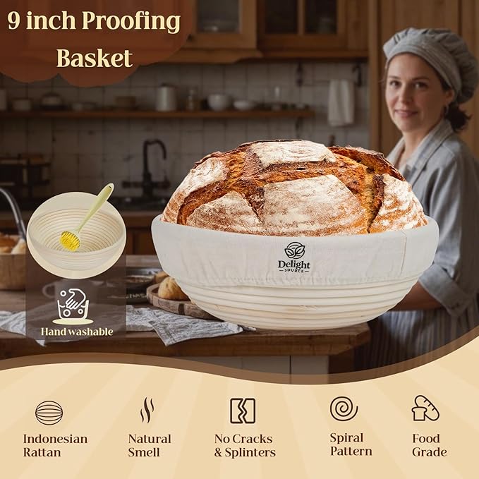 Complete Sourdough Starter Kit with 9" Rattan Banneton & 40oz Glass Jar - Bread Baking Supplies Set Includes Dough Whisk, Lame, Acacia Wood Spatula - Gift Set by Delight Source