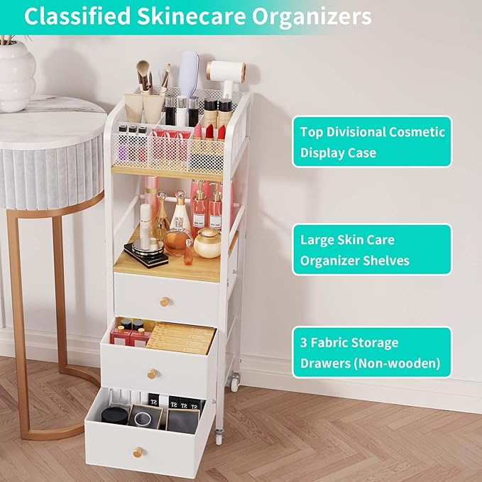 HapiRm Rolling Makeup Cart Organizer - Floor Skincare Make Up Storage with 3 Drawers, Vanity Organizer Cosmetic Display Cases Holder for Skin Care Perfume Nail Polish Brush Hair Tool-BrightBean Baby
