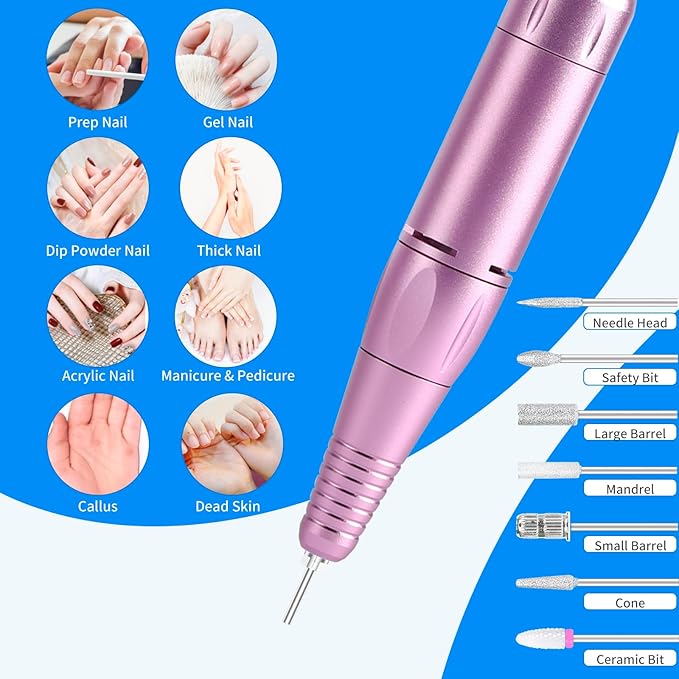 Portable Nail Drill Professional 35000 RPM, MOCOWIND Rechargeable Electric Nail File Machine for Acrylic Nails Gel Polishing Removing, Cordless E-File with Bits for Manicure Salon Home, Blue & Purple-BrightBean Baby