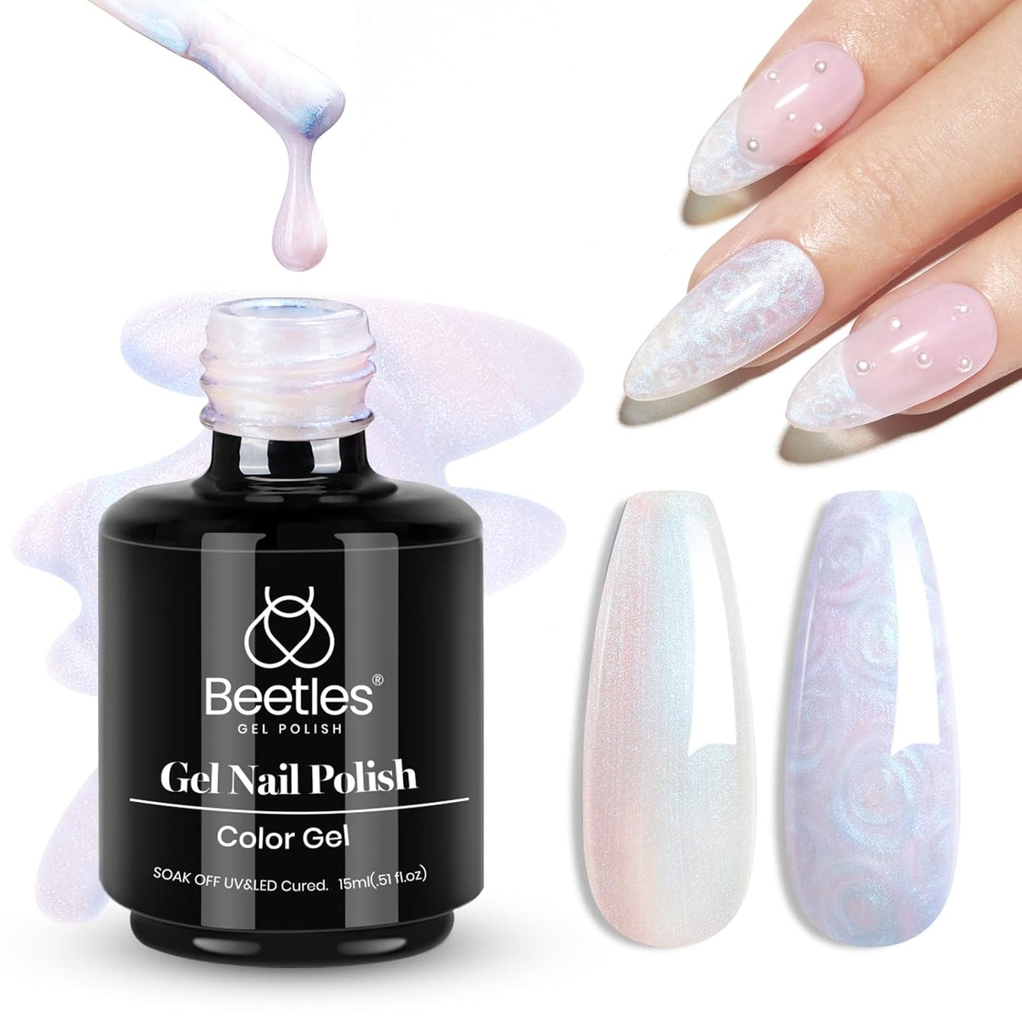 Beetles Pearl Gel Nail Polish - Swirling Clouds 15ML Pearl White Gel Polish Shimmer Mermaid Iridescent Pearlescent Nail Polish Soak Off Uv LED Lamp Need Manicure Salon DIY Nail Art Gift for Women-BrightBean Baby
