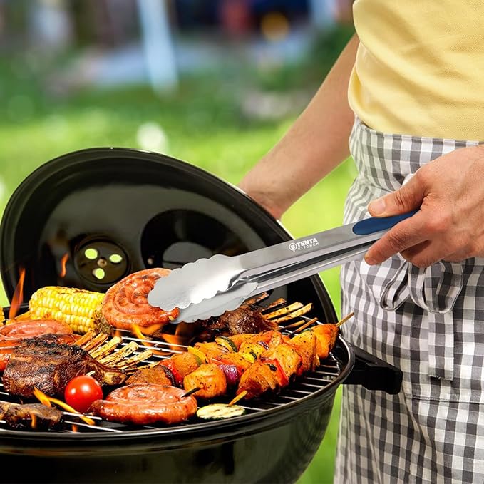 Tongs for Cooking, 12-Inch Stainless Steel Kitchen Tongs, Locking Metal Food Tongs with Silicone Non-Slip Grip, Kitchen Utensils for Food, Salad and Outdoor BBQ, Set of 4 (Midnight Blue)