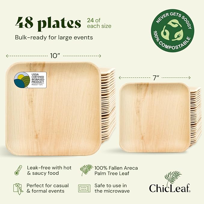 Chic Leaf Compostable & Biodegradable Palm Leaf Disposable Bamboo Plates - Disposable Party Plates for Appetizers - Camping Essentials - Reusable Party Supplies (10 & 7 Inch Square)