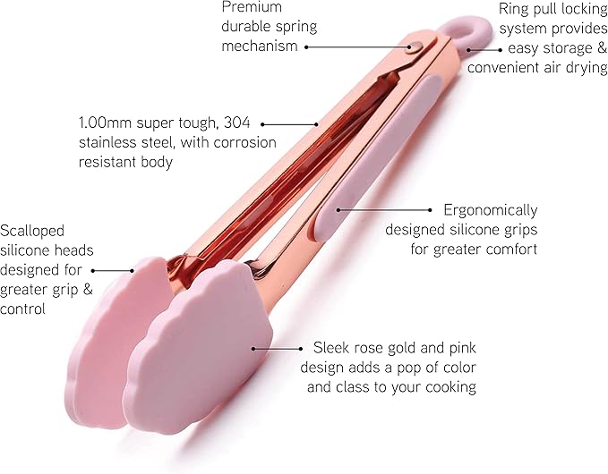 COOK WITH COLOR Stainless Steel Silicone Tipped Kitchen & BBQ Tongs Set, 2 Pc Mini Tongs, Pink