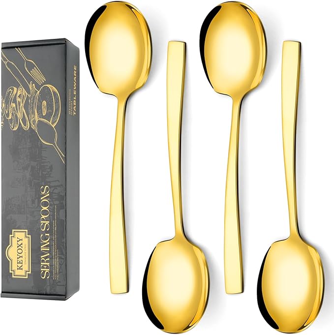4 Piece Stainless Steel Serving Spoons Set - 4 Large Spoons, 9.2-Inch, Dishwasher Safe, for Parties/Kitchen/Buffet/Catering,Gold