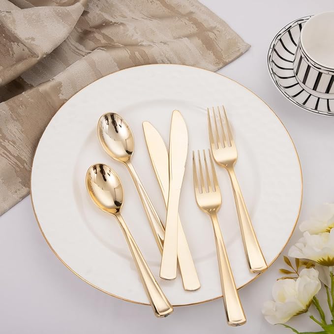 Liacere 200Pcs Gold Plastic Silverware-Gold Plastic Cutlery - Disposable Silverware include 100 Forks 50 Spoons 50 Knives Perfect for Parties&Weddings&Restaurants&Thanksgiving&Fall Decor