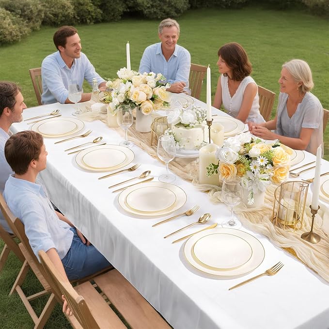 bUCLA 200PCS Ivory Plastic Plates with Gold Rim - Heavy Duty Cream Disposable Include 100 Dinner 10 inch & 100 Dessert 7 inch Plates, Ideal for Party & Thanksgiving