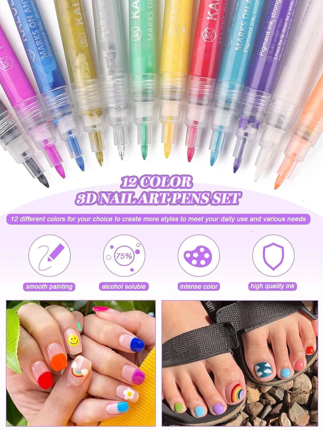 12 Color 3D Nail Art Pens Set, Kalolary Nail Point Graffiti Dotting Pen Drawing Painting Liner Brush for DIY Nail Art Beauty Adorn Manicure Tools-BrightBean Baby