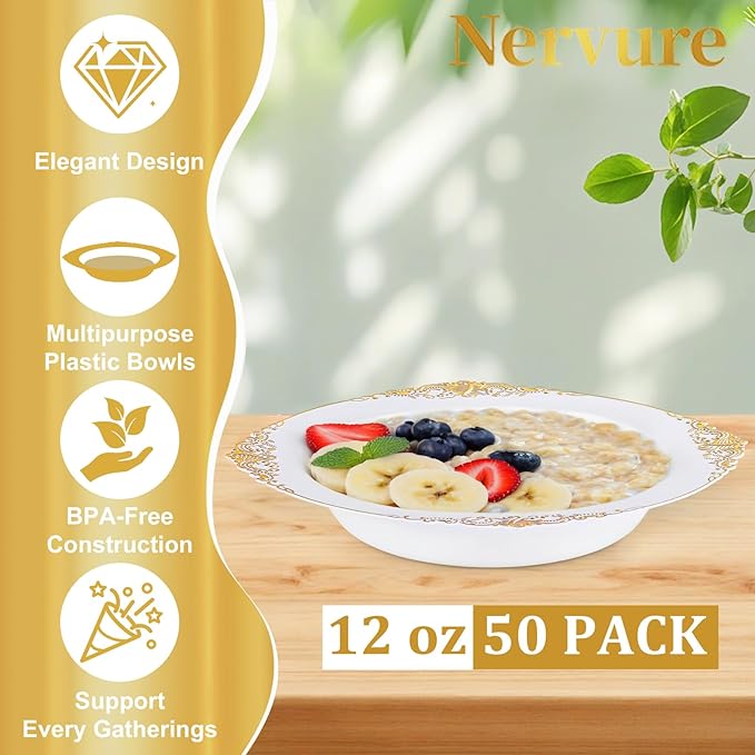 Nervure 50 Pack White Plastic Bowls with Gold Rim - 12oz Disposable Soup Bowls - Heavy Duty Dessert Bowl, Salad Bowl Perfect for Weddings, Parties, Thanksgiving and Everyday Use