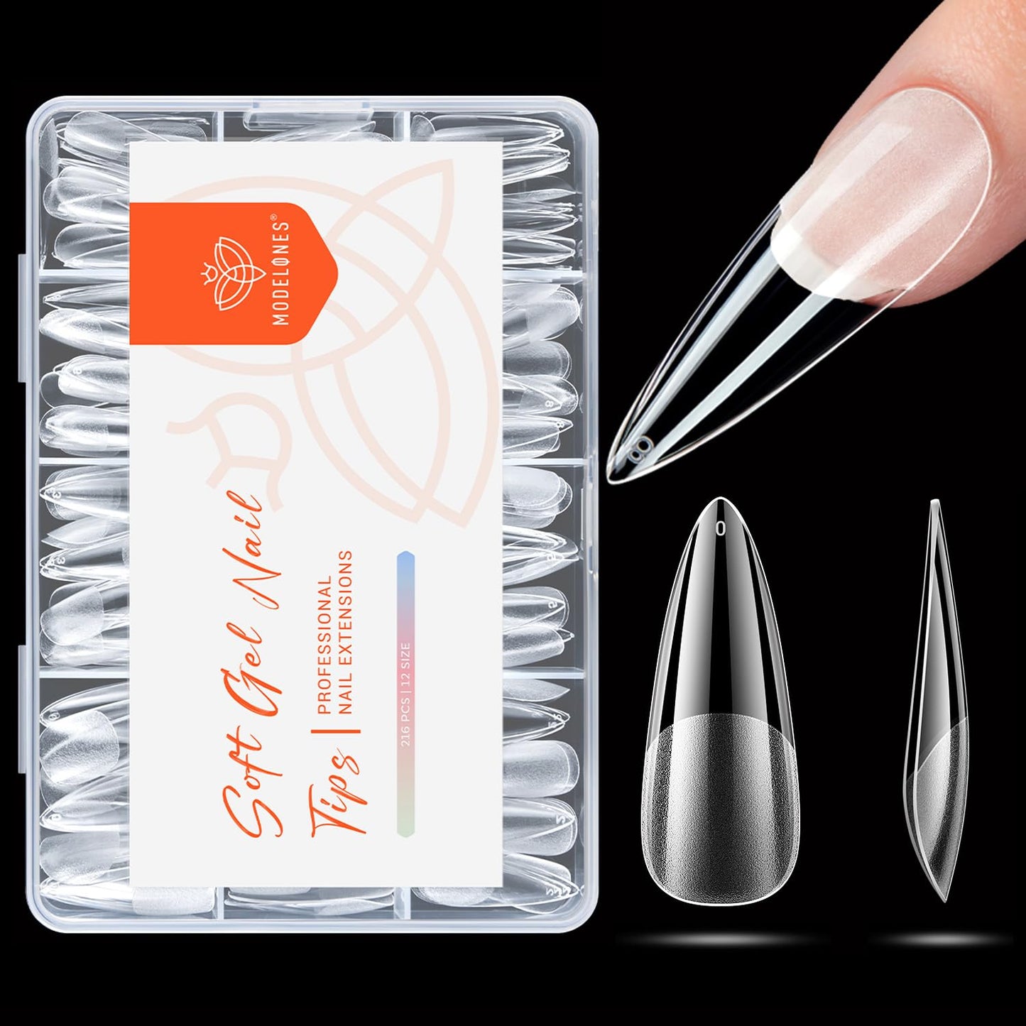 modelones Long Stiletto Nail Tips, Pre-shaped Soft Gel Tips Fake Nails False Acrylic Clear Full Cover Press on Extension Kit Gel Manicure DIY at Home 216PCS 12Sizes-BrightBean Baby