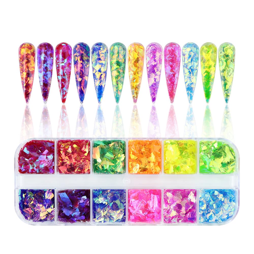 12Grids Holographic Mermaid Colorful Nail Art Glitter,Irregular Rainbow Candy Color Nail Art Flakes Sequins Gradient Bright Ice Slag Nail Sequins Summer Metallic Foil Nail Supplies DIY Nail Decoration-BrightBean Baby