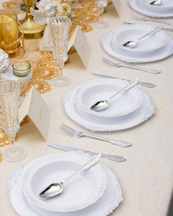 100 Pack White Plastic Bowls with Silver Rim, 12oz Plastic Salad Bowl, Disposable Bowls for Party, Dinners, Weddings, Christmas, Thanksgiving