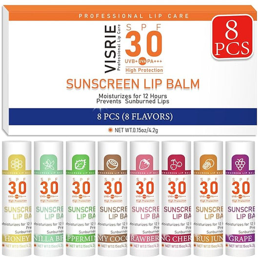 SPF 30 Lip Balm with Sunscreen 8 Pack, Bulk Sunscreen Lip Balm Travel Size, Hydrating Lip Balm with Vitamin E and Coconut Oil- 8 Flavors-BrightBean Baby
