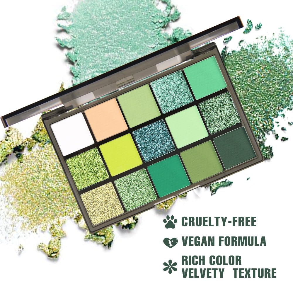 15 Colors Green Matte & Shimmer Eyeshadow Palette - Olive Teal GreenYellow DarkSeaGreen LimeGreen Pink White Eye Shadow Primers Powder for Smoky Looks, Makeup Artist Friendly, Vegan & Cruelty-Free-BrightBean Baby