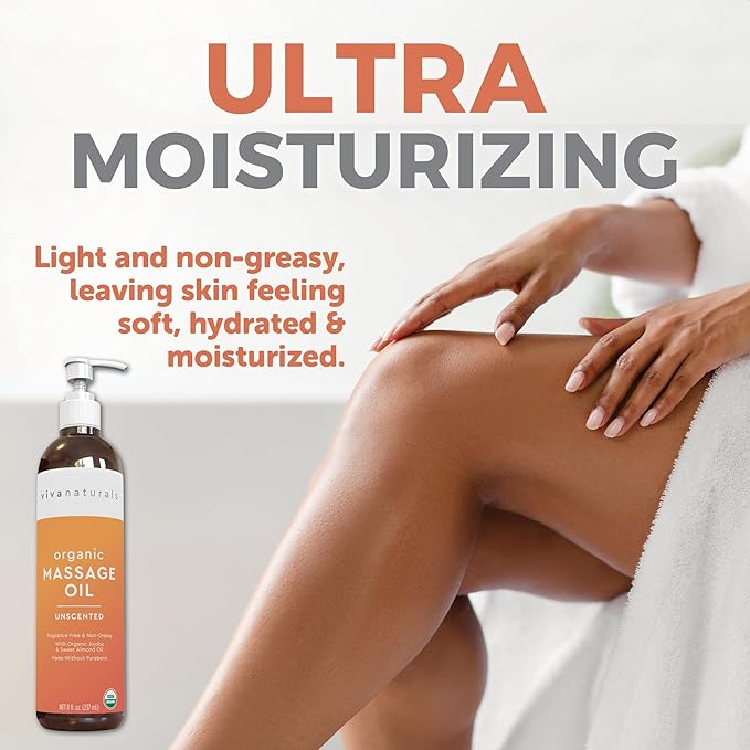 Viva Naturals Organic Massage Oil Unscented (8 fl. oz.) - Non-Greasy Body Oil with Mess-Free Pump, Moisturizing Massage Oils for Massage Therapy, Non-GMO and Certified Organic, 237 mL-BrightBean Baby