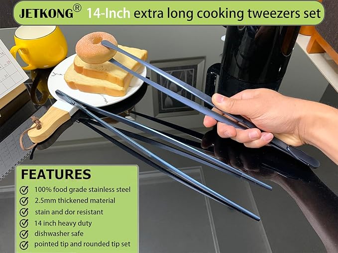 JETKONG 2 Pcs 14-Inch Cooking Tweezer Tongs Extra- Long Stainless Steel Kitchen Tweezers Plating Tongs (Navy Blue)