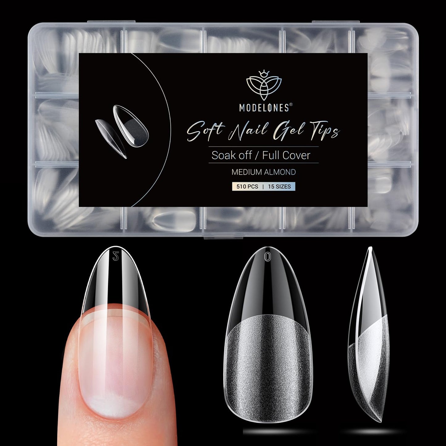 Modelones Pointed Almond Fake Nail Tips - 510Pcs Medium Gel Tips Pre-shaped Half Matte Full Cover Clear Acrylic Gel Kit False Press on Nails for Extension DIY Salon 15Sizes-BrightBean Baby