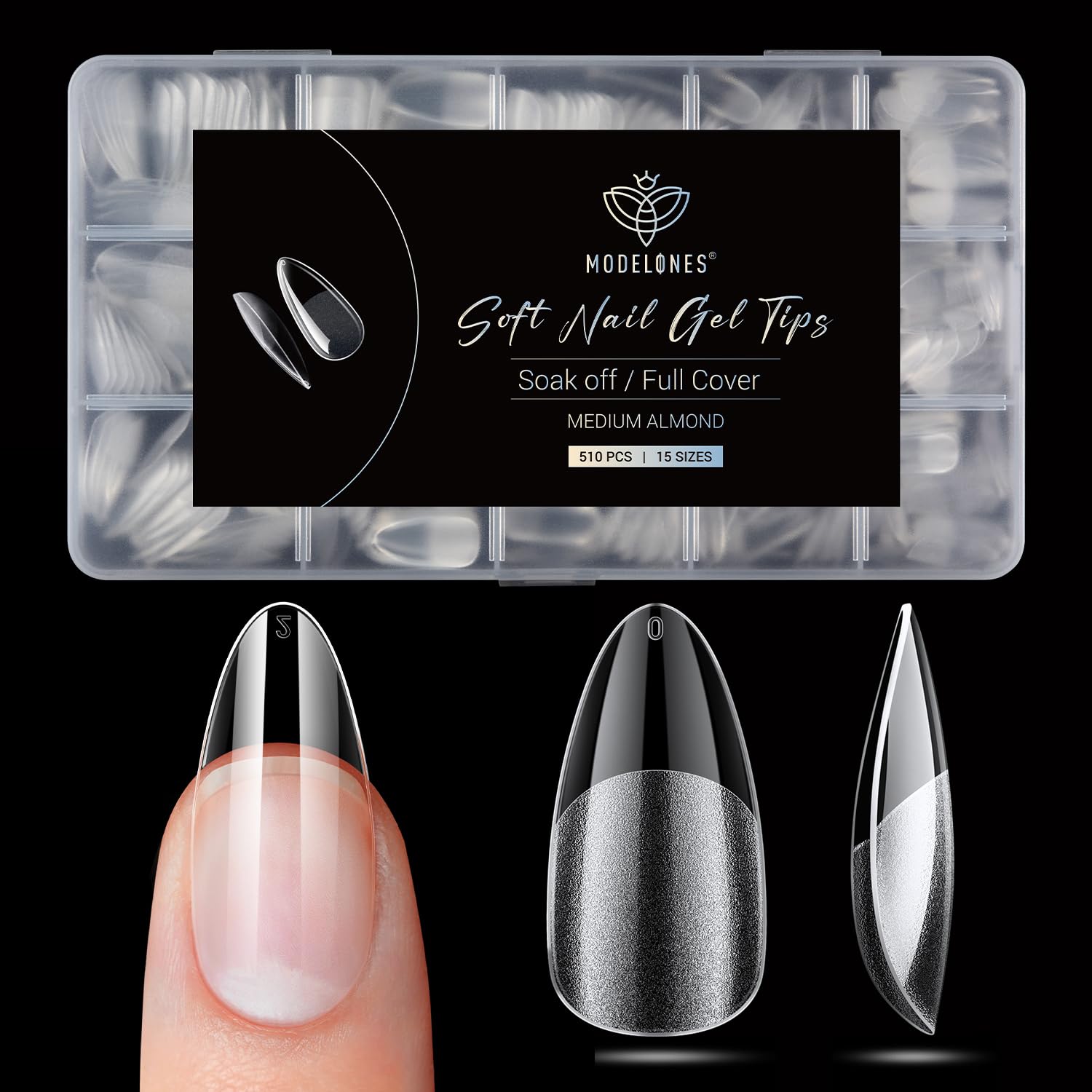 Modelones Pointed Almond Fake Nail Tips - 510Pcs Medium Gel Tips Pre-shaped Half Matte Full Cover Clear Acrylic Gel Kit False Press on Nails for Extension DIY Salon 15Sizes-BrightBean Baby