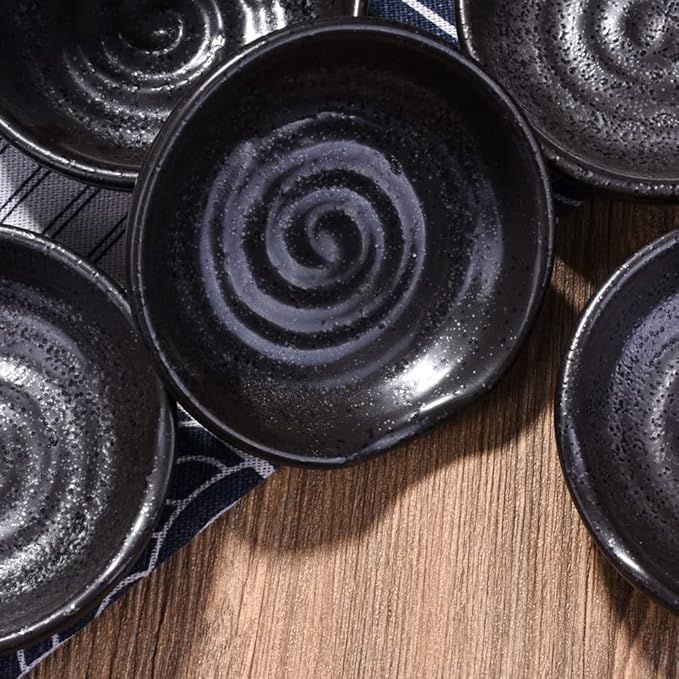 3.1 Inch Porcelain Side Dish Bowl Seasoning Dishes Soy Sauce Dishes Dipping Sauce Bowls-Set of 5,Soy Sauce Dish with Mouth (Black)