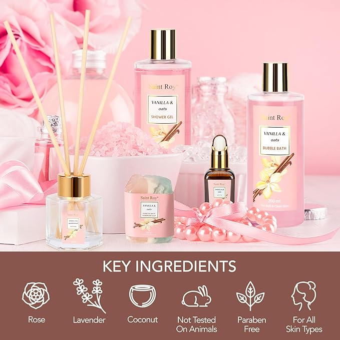 Bath and Body Gift Baskets for Women, 12 Pcs Vanilla Oat Spa Gifts for Women. Bath Gift Set Enriched Shea Butter. Home Spa with Shower Gel, Body Oil, Saint Roy Gifts for Mom-BrightBean Baby