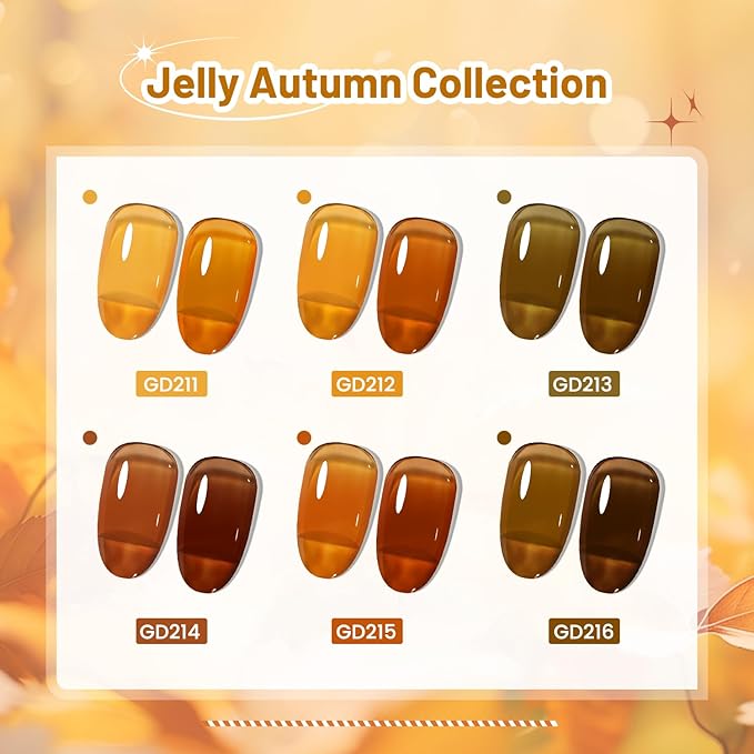 JODSONE 6 Colors Gel Nail Polish Set Fall Collection Jelly Effect Soak Off Need U V LED Gel Polish Set Autumn Mauve Brown RedSalon-Quality DlY Home Manicure-BrightBean Baby