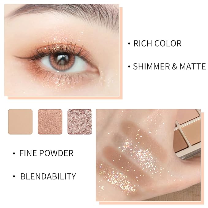Erinde 9 Colors Eyeshadow Palette, Matte Shimmer Glitter Eye Shadow Makeup Palette, Highly Pigmented Long Lasting Waterproof, Natural Neutral Nude Eyeshadow Makeup Pallet, Milk Latte Color-BrightBean Baby