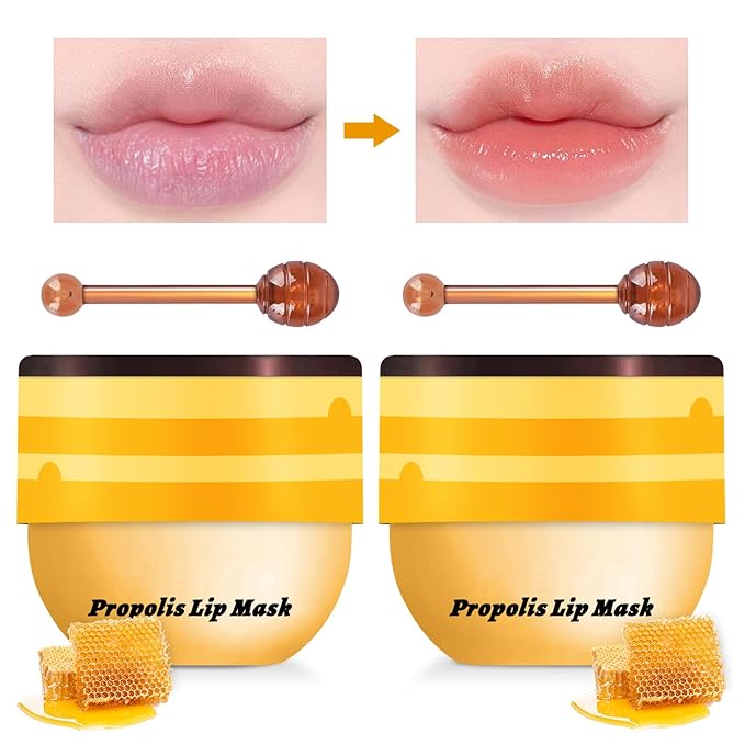2PCS Lip Mask Overnight, Honey&Strawberry Moisturizing Repair Sleeping Lip Balm, Fade Lip Lines Bee Lip Balm, Hydrating &Prevention Dry and Crack Lip Scrubs Exfoliator (Honey & Honey)-BrightBean Baby