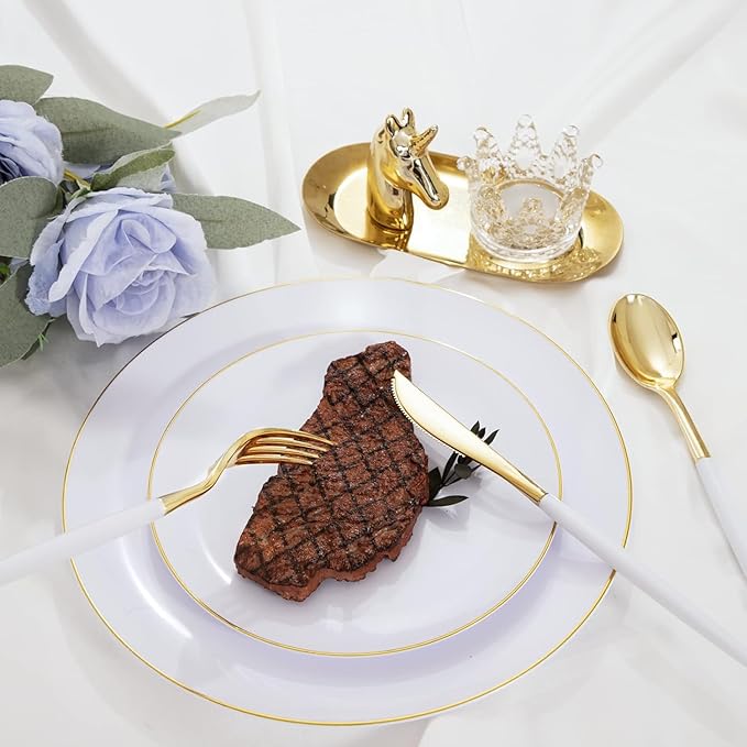 I00000 144Pcs Gold Plastic Silverware, Gold Plastic Utensils Set,Disposable Utensils Heavy Duty,Disposable Silverware Set Includes 48 Forks,48 Knives,48 Spoons for Party & Wedding