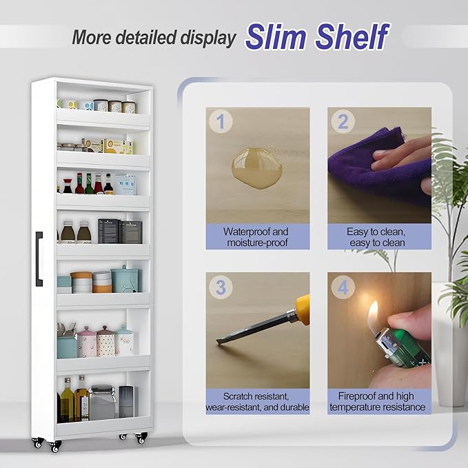 7-Tier Slim Storage Cart, Wooden Rolling Pantry Cabinet with Wheels, Narrow Shelf Organizer for Kitchen, Bakers Rack, Dining Room, Closet, Small Spaces Warm White 73.2" H*9.8" W*23.6" D