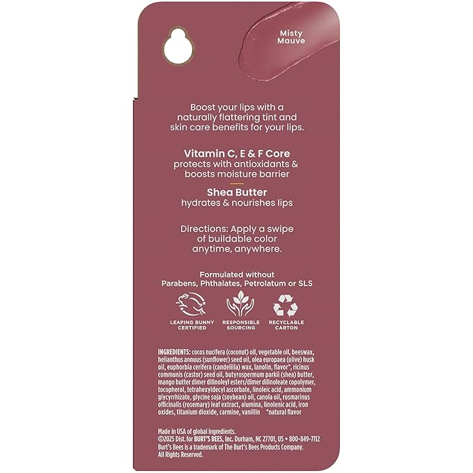 Burt’s Bees Back To School Gift Ideas, Tinted Boosted Balm, Misty Mauve, Hydrating Tinted Lip Balm with Vitamin C, E, and F Core, 24 Hour Lip Moisturizer, 100% Natural Origin, 1 Count, 0.16oz-BrightBean Baby