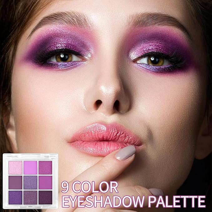 Erinde 9 Colors Purple Pink Lavender Glitter Shimmer Matte Eye Shadow Palette Makeup, Highly Pigmented Waterproof Violet Mauve Dark Purple Silver Pearl White Shimmer Sparkling Party Eyeshadow Palette-BrightBean Baby