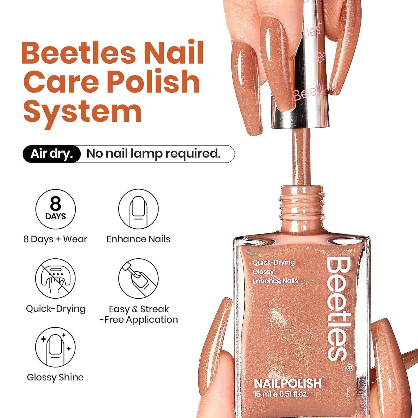 Beetles Glitter Brown Nail Polish –No UV Needed, Air Dry–Rosy Gold Shimmer Nude Rose Nail Lacquer–Fast Drying,Long Lasting,Salon-Quality Polish At-Home DIY-BrightBean Baby