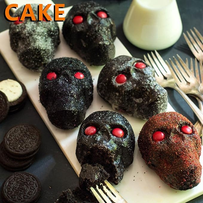 Sakolla Large Skull Cake Pan Silicone Mold, 2 Pack 6 Cavity Halloween Skull Cakelet Chocolate Molds Candy Pizza Baking Molds Handmade Soap Tray