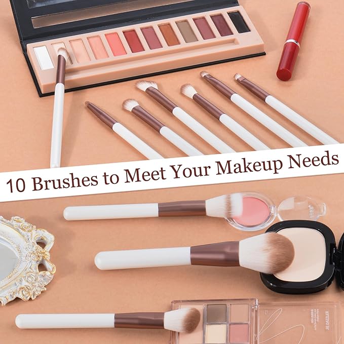 Makeup Brushes Set With Case 10Pcs White Makeup Brush Kit Foundation Eyeshadow Powder Blending Kabuki Eyebrow Eyelash Brushes Cosmetic Brush Travel Kit Gift (White+Brown)-BrightBean Baby